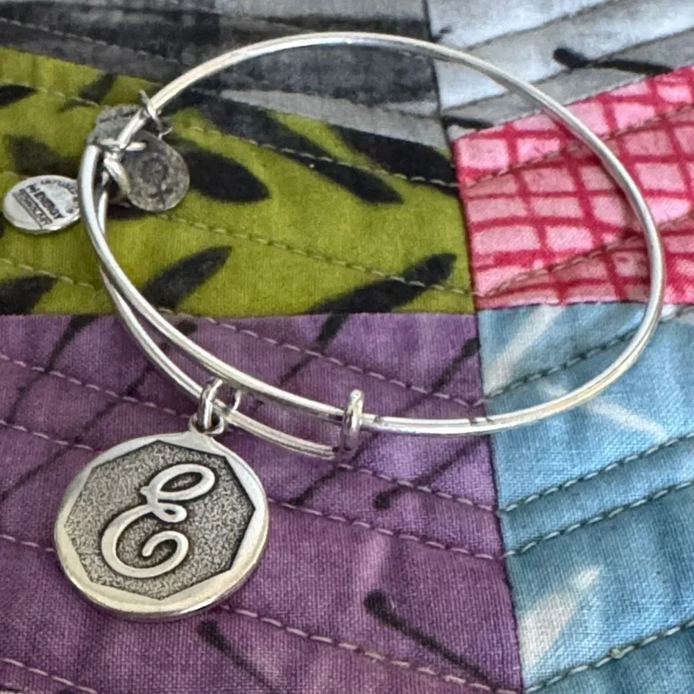 Alex and Ani Silver Tone Charm Bracelet with Engraved Discs Letter E